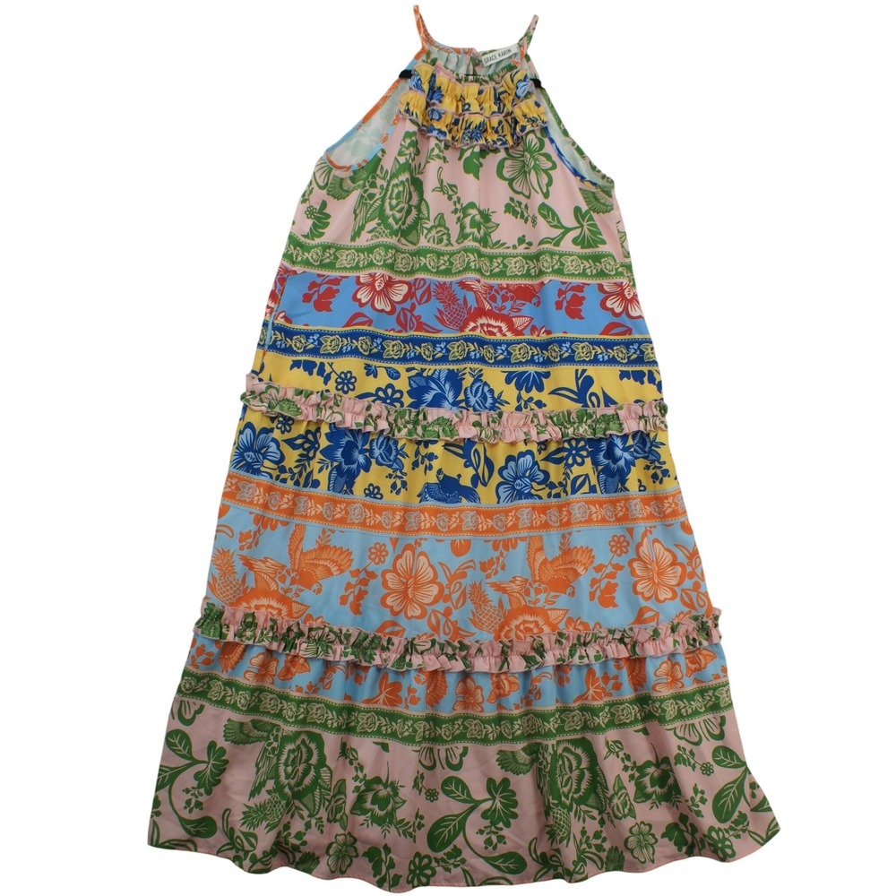 Grace Karin Floral Tropical Bird Halter Maxi Dress Pink Blue Yellow Tiered M